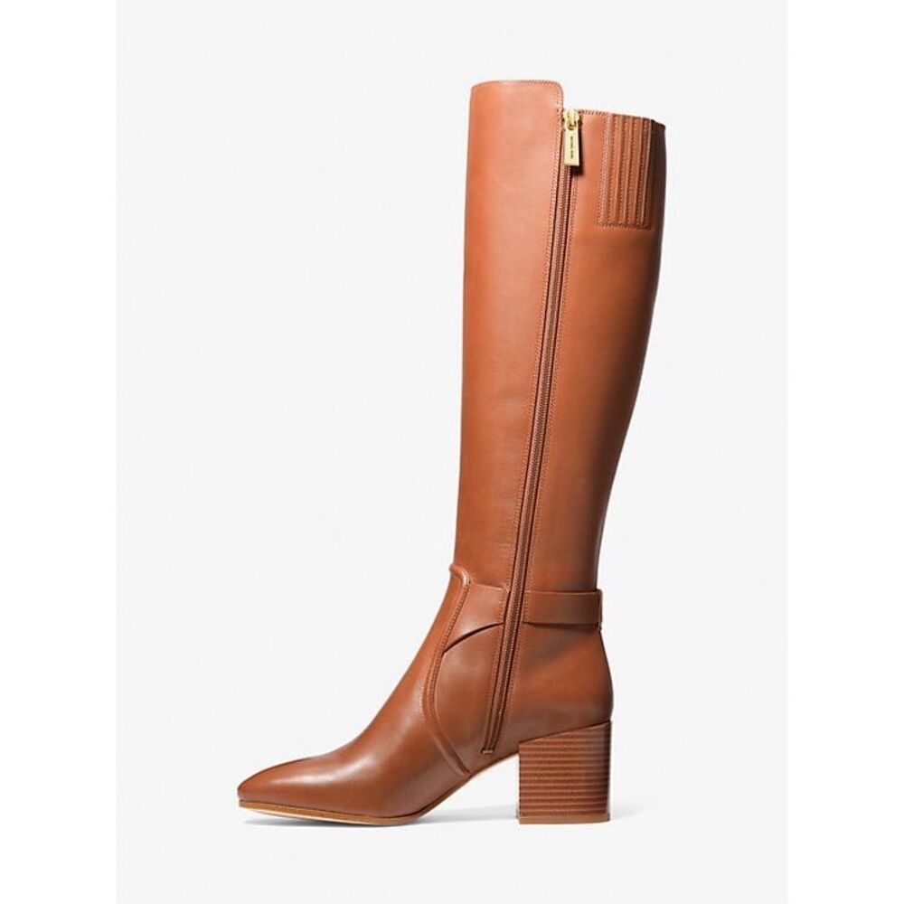 Michael Kors Side Zip Logo Buckle Carmen Leather Tall Riding Boots Luggage Sz 7 - Picture 3 of 9